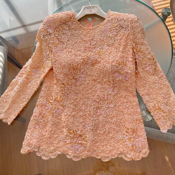 Vintage Pink Coral Lace Floral Pearl Embellished Top - Picture 2 of 12